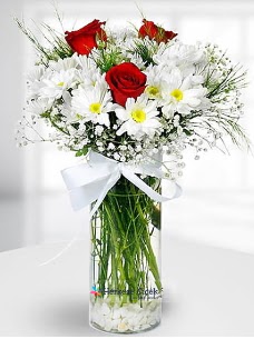 3 k�rm�z� g�l ve krizantemler camda  Ankara ucuz �i�ek g�nder �i�ek ma�azas� , �i�ek�i adresleri 