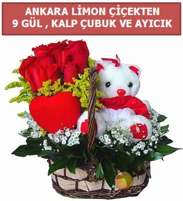 Kalp �ubuk sepette 9 g�l ve ay�c�k  Ankara demetevler �i�ek yolla �i�ek�i telefonlar�  