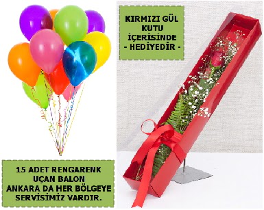 15 Adet u�an balon ve kutuda k�rm�z� g�l  Ankara �i�ek , �i�ek�i , �i�ek�ilik 