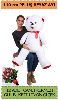 110 cm beyaz kocaman pelu� ay� ve 12 g�l  Ankara demet �i�ek g�nderme 