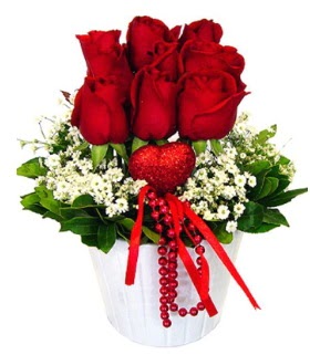 9 k�rm�z� g�l seramik ve kalp �ubuk  Ankara demet �i�ek g�nderme 