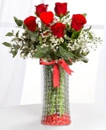 Cam vazoda 5 adet kırmızı gül kalp çubuk  demetevler çiçekçi Ankara ucuz çiçek gönder 