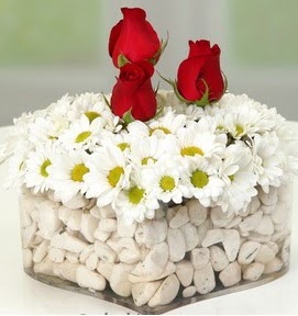 Mika kalpte papatyalar ve 3 gül  Ankara demetevler çiçek yolla çiçekçi telefonları 