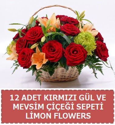 12 gül ve mevsim çiçekleri sepeti  Ankara hediye çiçek yolla 