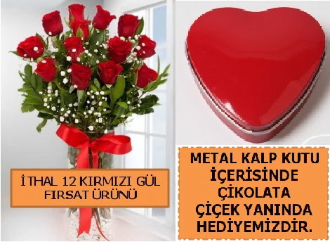 12 adet kırmızı gül ve kalp kutuda çikolata  Ankara demetevler çiçek yolla çiçekçi telefonları 