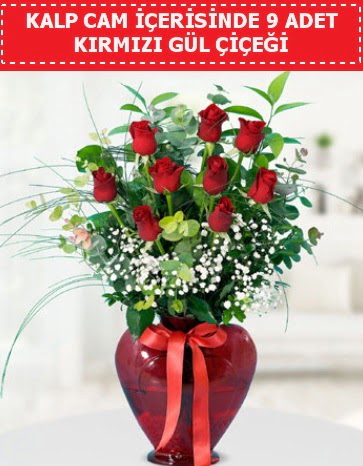 Kırmızı kalp camda 9 kırmızı gül  Ankara demetevler çiçek satışı 