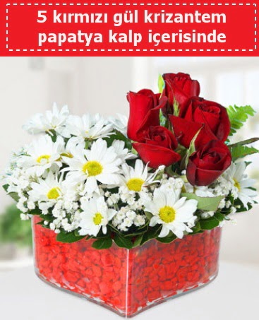 mika kalp içerisinde 5 kırmızı gül papatya  Ankara demet çiçek gönderme 