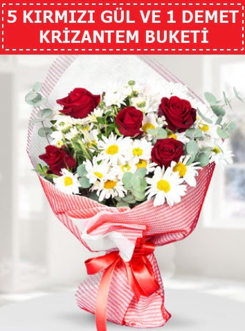 5 adet kırmızı gül ve krizantem buketi  Ankara demetevler çiçek satışı 